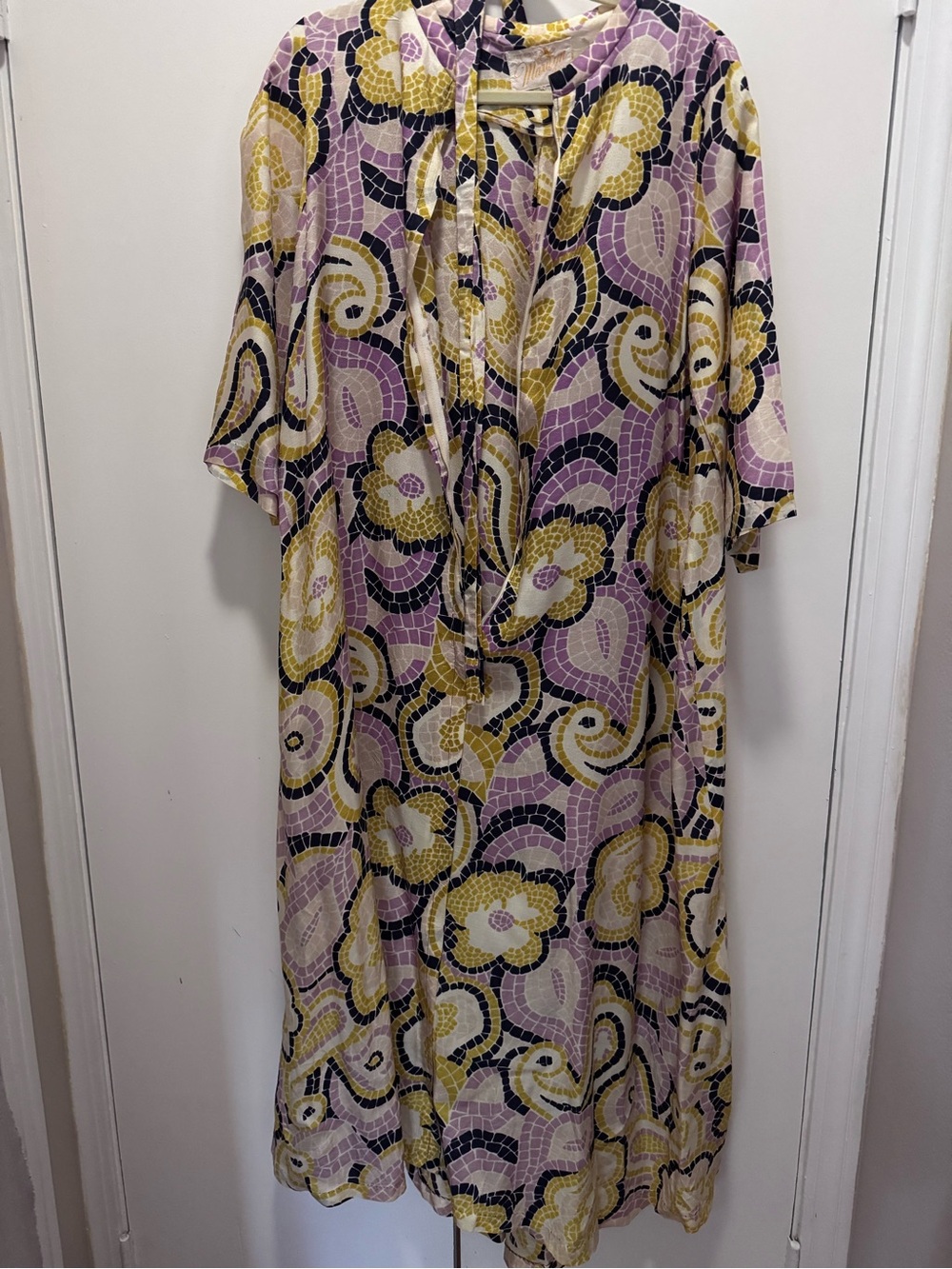 Vintage Floral Mosaic Long Sleeve Dress in Lavender and Yellow